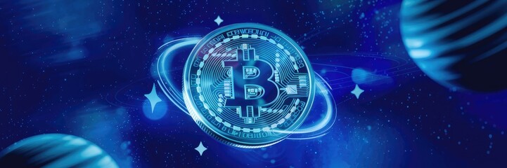 Poster - Illuminated circular bitcoin hologram on a vibrant blue backdrop with mockup space. Cryptocurrency and finance theme. 3D rendering.