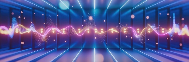 Poster - Illuminated Abstract Background with Light Stripes and Glowing Waves from Particles and Energy Points in a Futuristic Hi-Tech Style