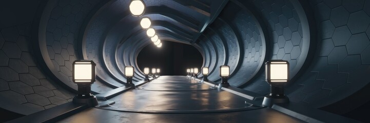 Poster - Illuminated futuristic interior with glowing lamps in an abstract dark tunnel - 3D render