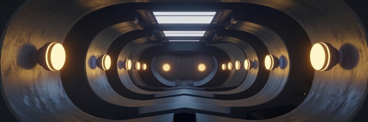 Poster - Illuminated futuristic interior with glowing lamps in an abstract dark tunnel - 3D render