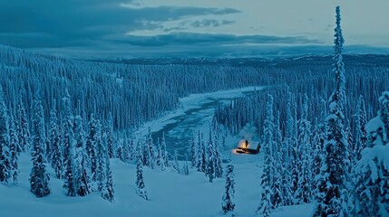 Sticker -   A person stands in a snowy forest by a river