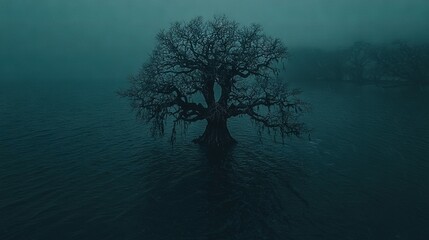 Wall Mural -   A tree standing tall amidst a murky lake on a gloomy day