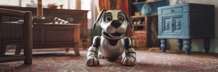 Poster - Playful robotic dog awakens in a cozy room - 3D rendering and illustration.