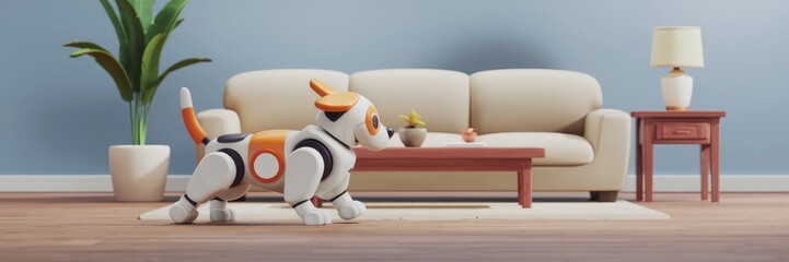 Poster - Playful robotic dog awakens in a cozy room - 3D rendering and illustration.