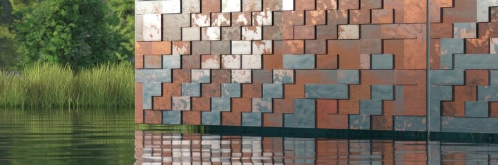 Poster - Seamless texture background of rusty metal facade cladding featuring aluminum and copper tiles design