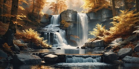 Poster - Autumn waterfall in a serene forest
