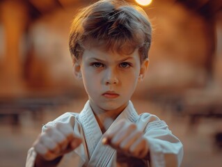 Wall Mural - Young martial artist poses confidently in traditional karate gi while practicing techniques indoors during a training session