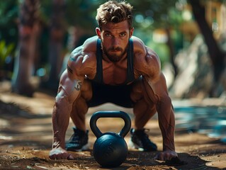 A muscular man performs a kettlebell exercise outdoors in a vibrant park during the afternoon