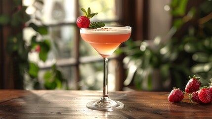 Wall Mural - A refreshing strawberry cocktail garnished with mint, served in an elegant glass on a wooden table surrounded by fresh strawberries