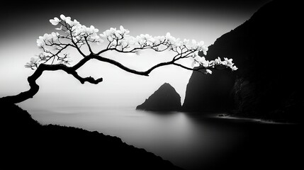 Wall Mural -   A monochrome image depicting a tree with a rocky outcrop and water in the background