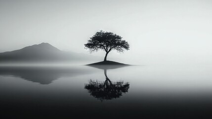 Wall Mural -   A monochromatic image of a solitary tree on a tiny island amidst a vast expanse of water