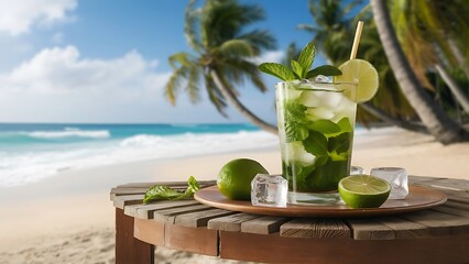 Coctail of Mojito on wooden table on blue sky and sand background