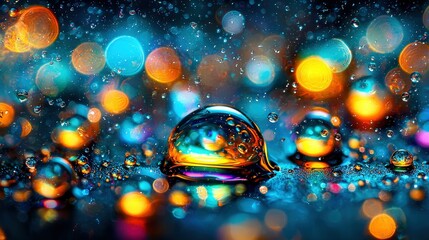 Wall Mural -   A drop of water sits atop a table against a blue-yellow backdrop, surrounded by various colored droplets