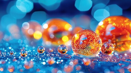 Poster -   A group of glass balls sits atop a blue-yellow tablecloth, with water droplets adorning their surfaces