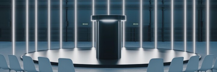 Poster - 3d black podium illuminated by white neon lights