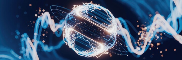 Poster - Abstract energy sphere composed of luminous particles and waves, featuring dynamic flickering light and shifting perspectives, stylish 3D design