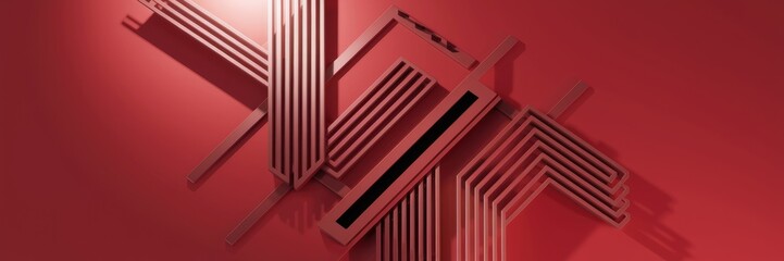 Poster - Abstract geometric red background featuring linear shapes and a dynamic light composition. Modern 3D rendering design.
