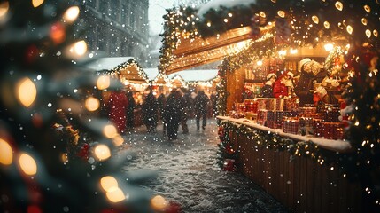 Wall Mural -   People strolling on snowy street beside lit Christmas tree