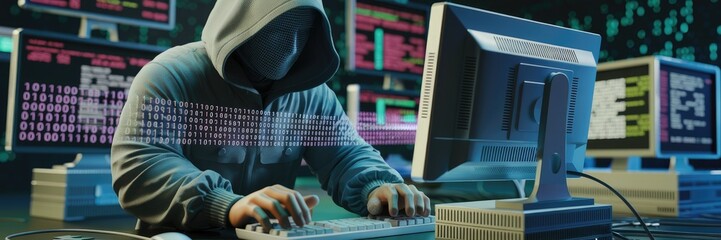 Aufkleber - Cybercriminal in hooded attire using a computer. Digital attacker represented with binary code. Internet crimes and hacking activities. 3D representation of a hacker's environment.