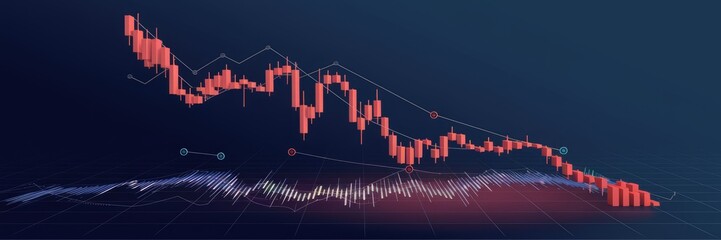 Poster - Dynamic 3D Rendering of a Red Forex Chart Descending Over a Dark Background - Trade and Crisis Concept.