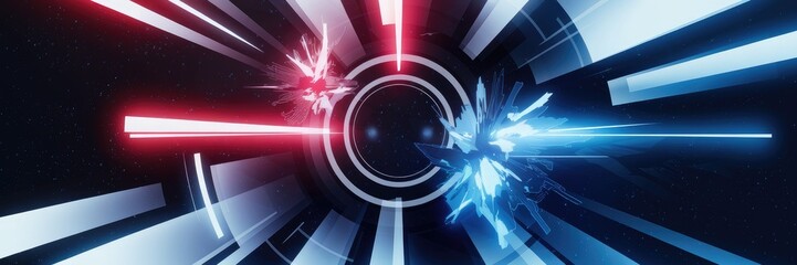 Fototapete - Dynamic Digital Light Abstract Background Featuring Radiant Rays, Stars, and Energy Bursts in Red and Blue