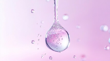 Wall Mural -   A close-up of a droplet of water on a pink background, with water bubbles visible below the surface