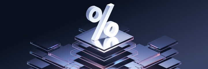 Fototapete - Floating white percent symbol on an abstract geometric pedestal with aerial shapes. Conceptual 3D art on a dark background.