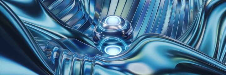 Poster - Shiny blue metallic abstract background with striped 3D design, showcasing a lustrous technological aesthetic.