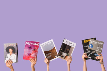 Poster - Female hands with different magazines on lilac background