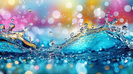 Poster -   A close-up of water splashing on a blue and yellow surface with blurred background lights