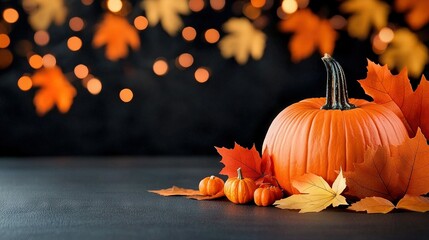 Sticker -  A cluster of pumpkins placed on a table, surrounded by foliage, with strings of lights visible in the background