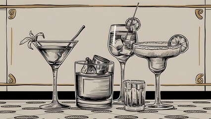 Hand drawn drinks illustration. Vector design vintage beverages in sketch style. Alcoholic cocktails set