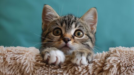 Wall Mural - A curious kitten peeks over a soft blanket while exploring its surroundings in a cozy indoor setting