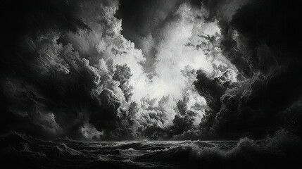 Canvas Print -   A monochrome image of tempestuous cloud formations above a tranquil sea with a solitary vessel adrift in the center