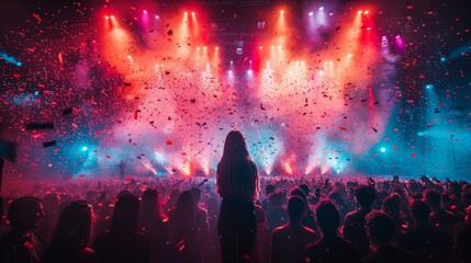 Wall Mural - A vibrant concert with a crowd celebrating under colorful lights and confetti at a lively music festival in the evening