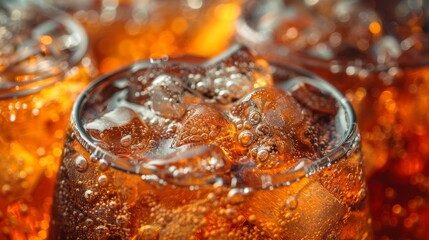 Refreshing fizzy drink with ice served in clear glasses on a bright summer day at a local café