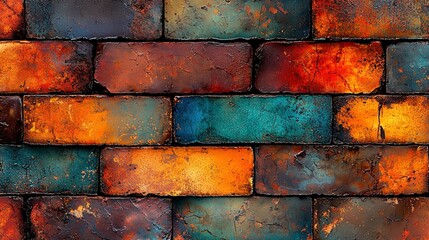 Wall Mural -   Close-up of multicolored brick wall with rusted metal grate