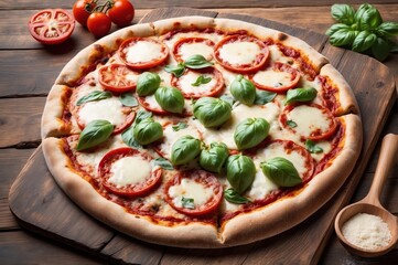 Wall Mural - fresh margherita pizza with basil and tomatoes
