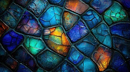 Sticker -   A detailed picture of a stained glass window with various hues such as blue, green, orange, and yellow, adorning its surface