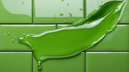 Wall Mural -   A high-resolution image captures a close-up of a lush green leaf resting on a green tile wall surface, with droplets of water cascading down from the edges