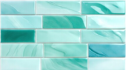 Sticker -   A close-up of a tiled wall featuring a blue and green pattern beneath blue and green glass mosaic tiles