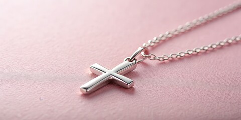 Close-Up of Silver Cross Pendant on Pink Background, Silver Chain, Cross Jewelry, Religious Symbol, Christian Faith, Pendant Necklace