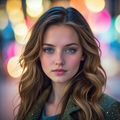 portrait of young woman with bokeh lights background
