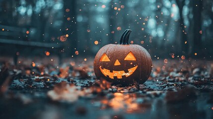   A Jack-o'-Lantern sits amidst a dense forest, surrounded by fallen leaves and droplets of water