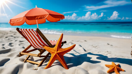 Wall Mural - Sandy beach with umbrella and chair. Tropical holiday.