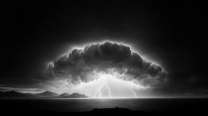 Wall Mural -  Cloud with lightning bolt in sky above body of water