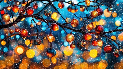 Wall Mural -   A picture of a tree with Christmas ornaments on its branches and lights in the background