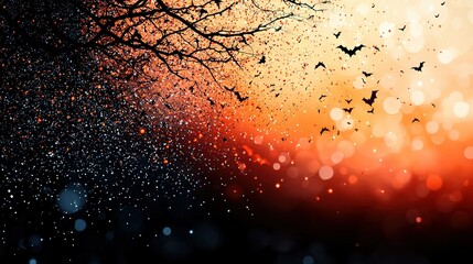 Poster -   A photo of a tree with birds flying in the sky during sunset or dawn with a blurred background due to bokeh lighting