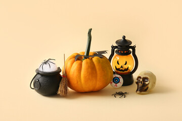 Sticker - Composition with decorations and pumpkin on color background