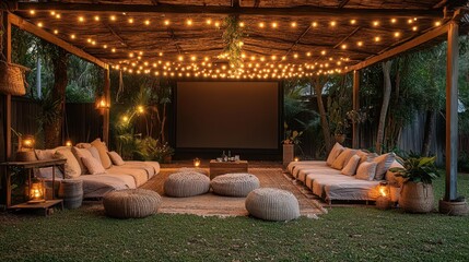 enchanting outdoor cinema fairy lights strung overhead lawn seating large screen starry night sky nostalgic ambiance